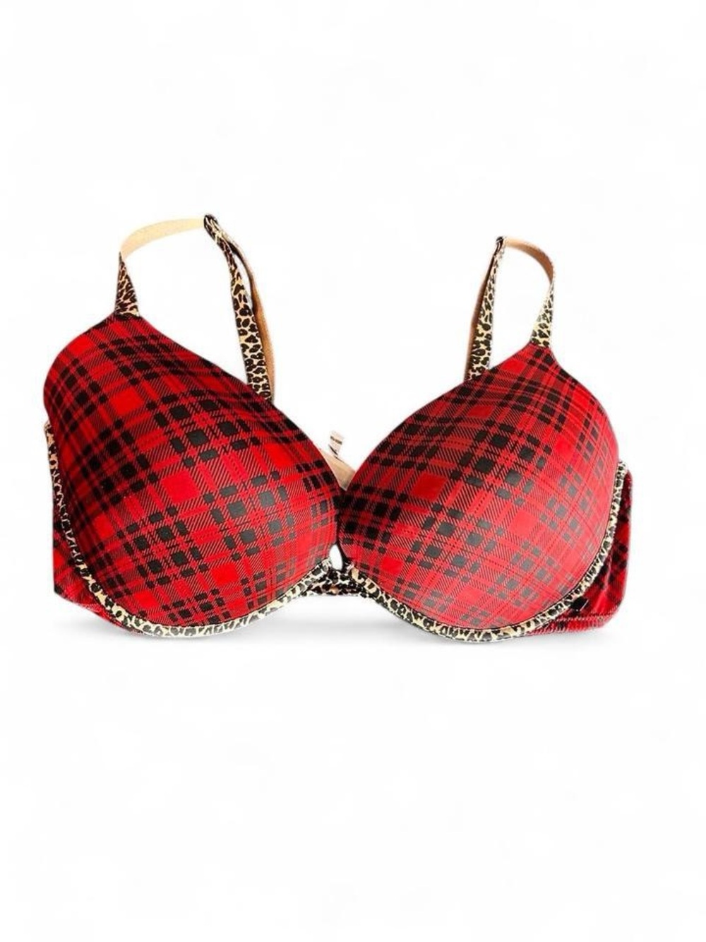 Victoria's Secret red/black plaid padded cup push-up underwire bra with leopard